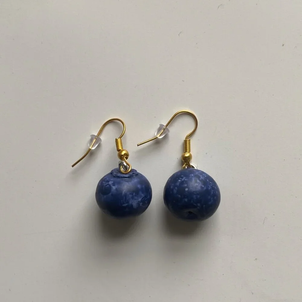 Handmade Blueberry Earrings GOLD STAINLESS STEEL Whimsical Fairy Novelty Fruit - Picture 2 of 8